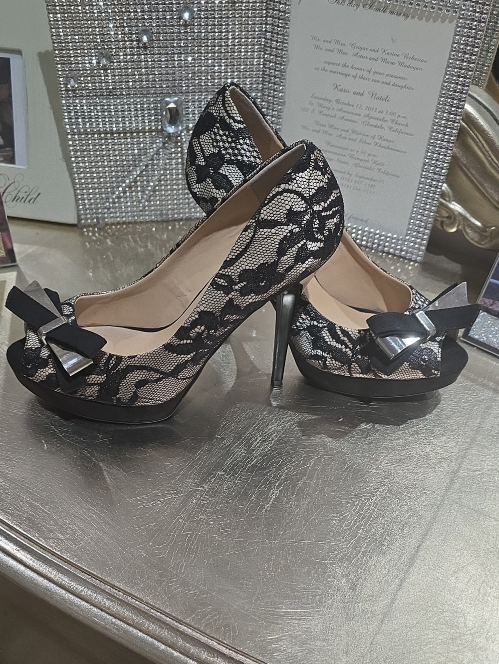 Guess Black Lace Peep-Toe Heels with Bow Accent